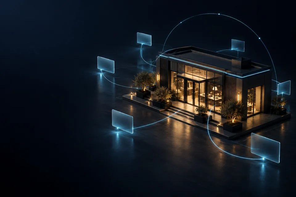 A business connected to glowing information paths, illustrating how buyers encounter it through AI.